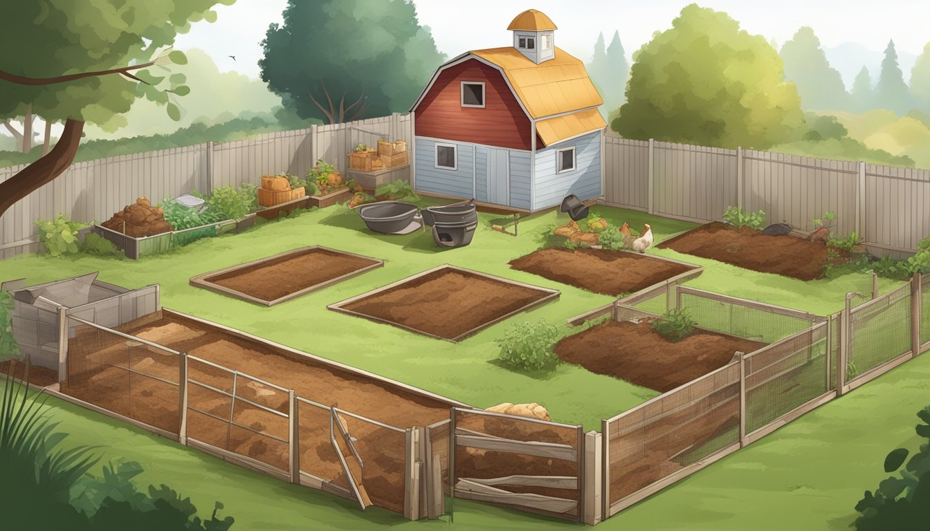 A backyard with a small shovel and a designated area for composting, surrounded by a fence and some chicken coops