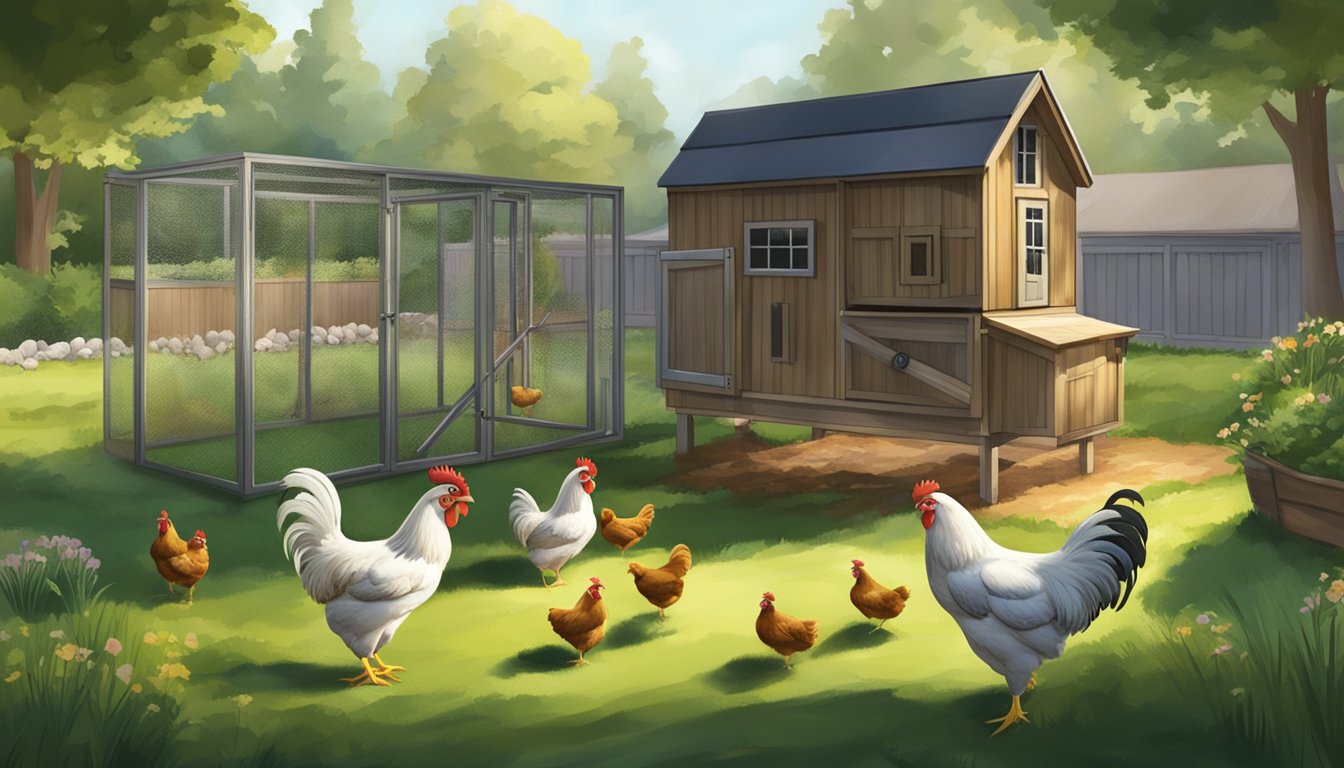 A chicken coop with feeding and watering stations, surrounded by a grassy backyard. Chickens pecking at the ground and roosting on perches