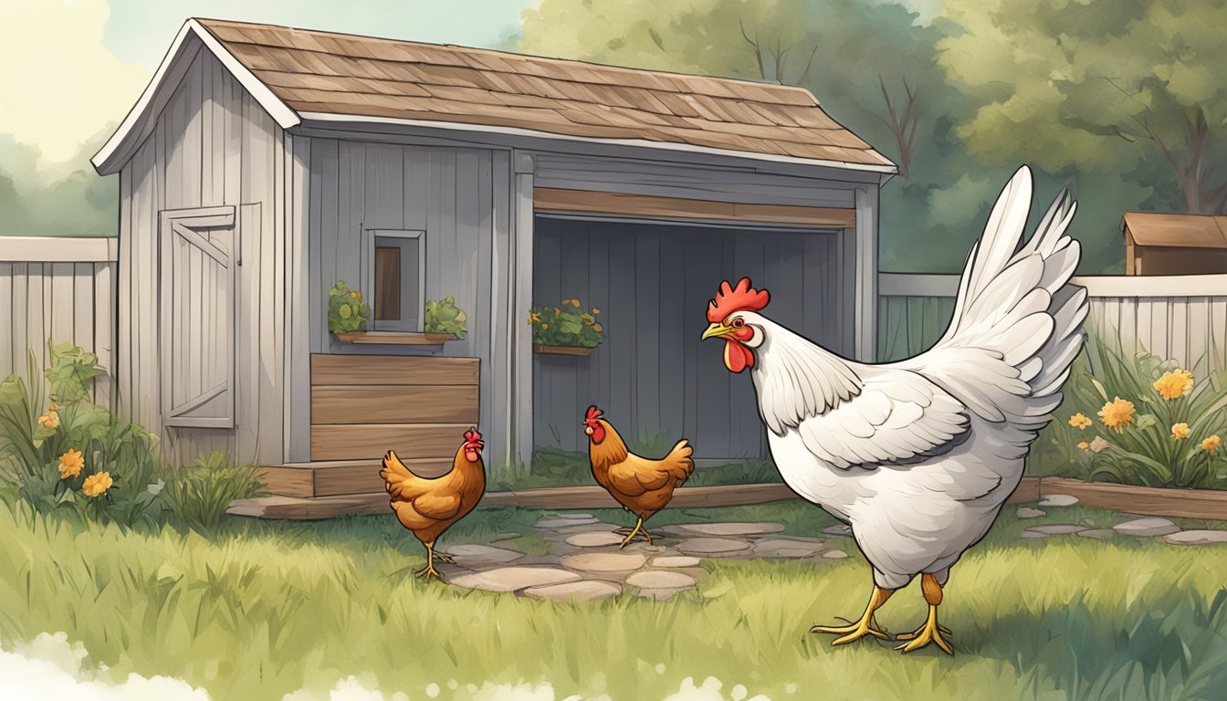 A chicken standing in a backyard with a coop in the background, surrounded by grass and a few scattered feathers