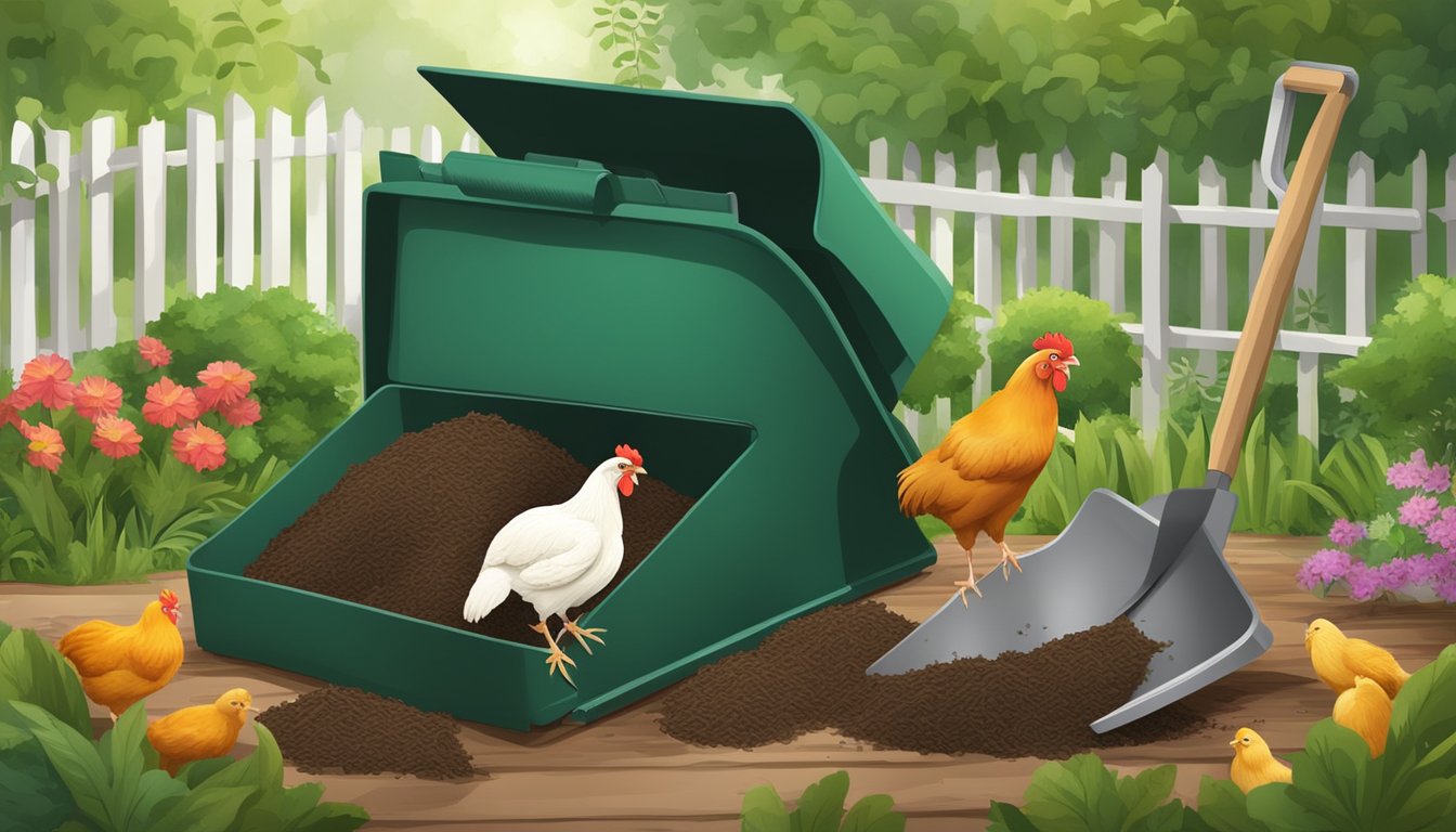 A backyard compost bin with a small shovel and a deceased chicken placed inside, surrounded by garden tools and greenery