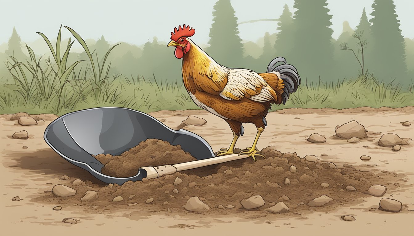 A shovel digging a hole in the ground, with a dead chicken lying nearby