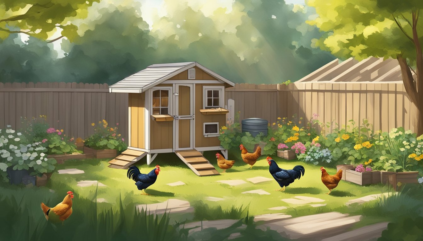 A backyard coop with chickens, nesting boxes, and a feeding station. A small garden and compost bin nearby. Sunshine and greenery all around