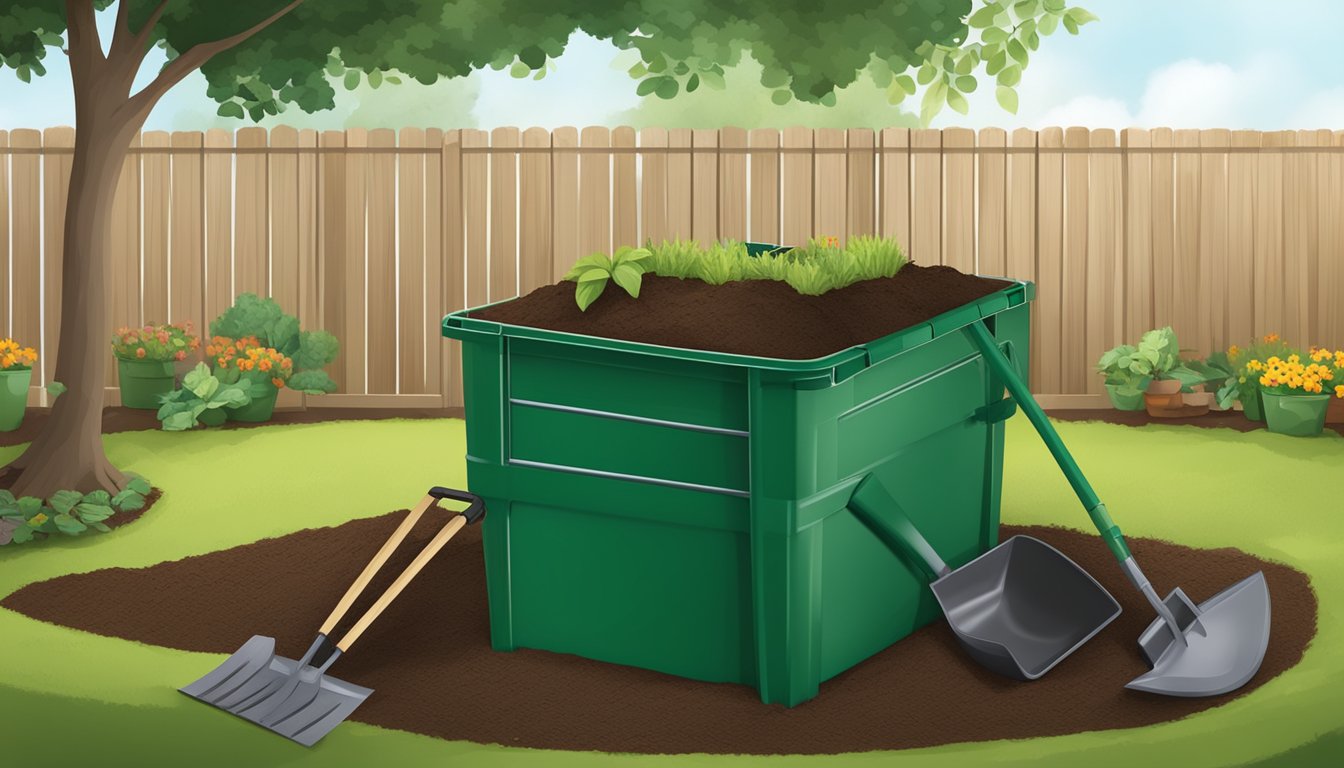 A compost bin with a shovel nearby, surrounded by garden tools and a coop in the background