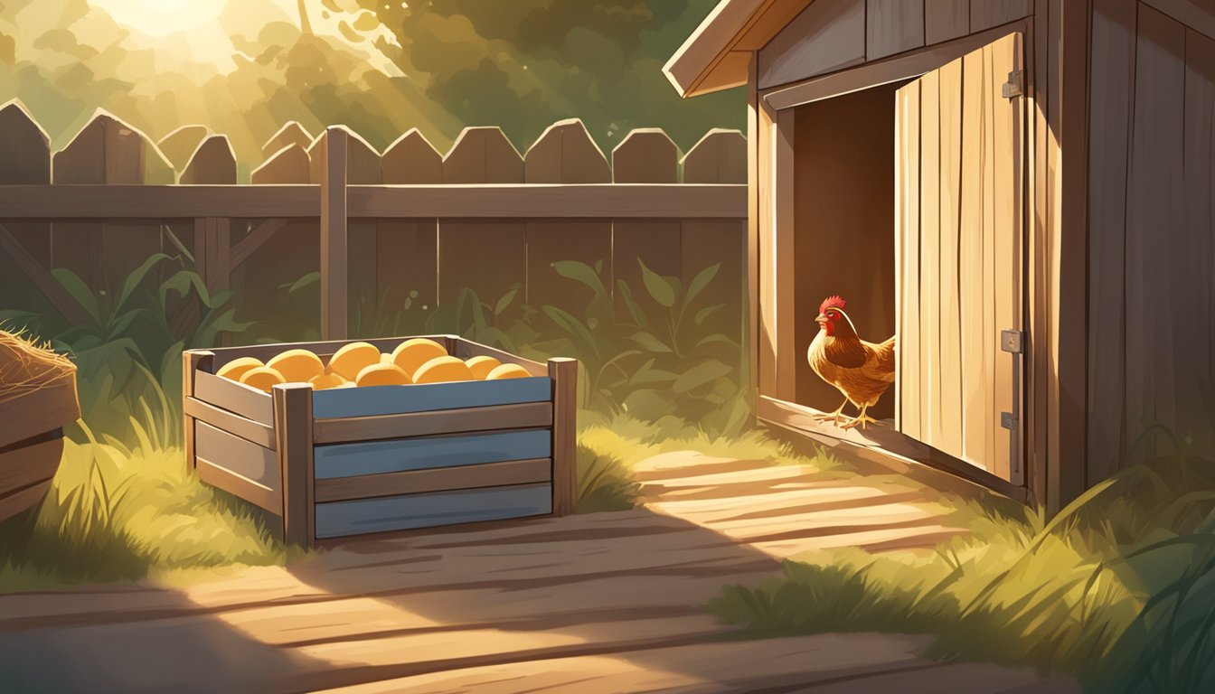 A hen lays eggs in a cozy, straw-lined nesting box inside a rustic backyard chicken coop. The morning sun filters through the open door, illuminating the freshly laid eggs