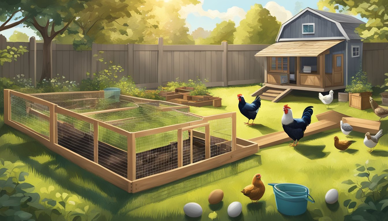 A sunny backyard with a spacious coop, nesting boxes, and a small gathering of fresh eggs