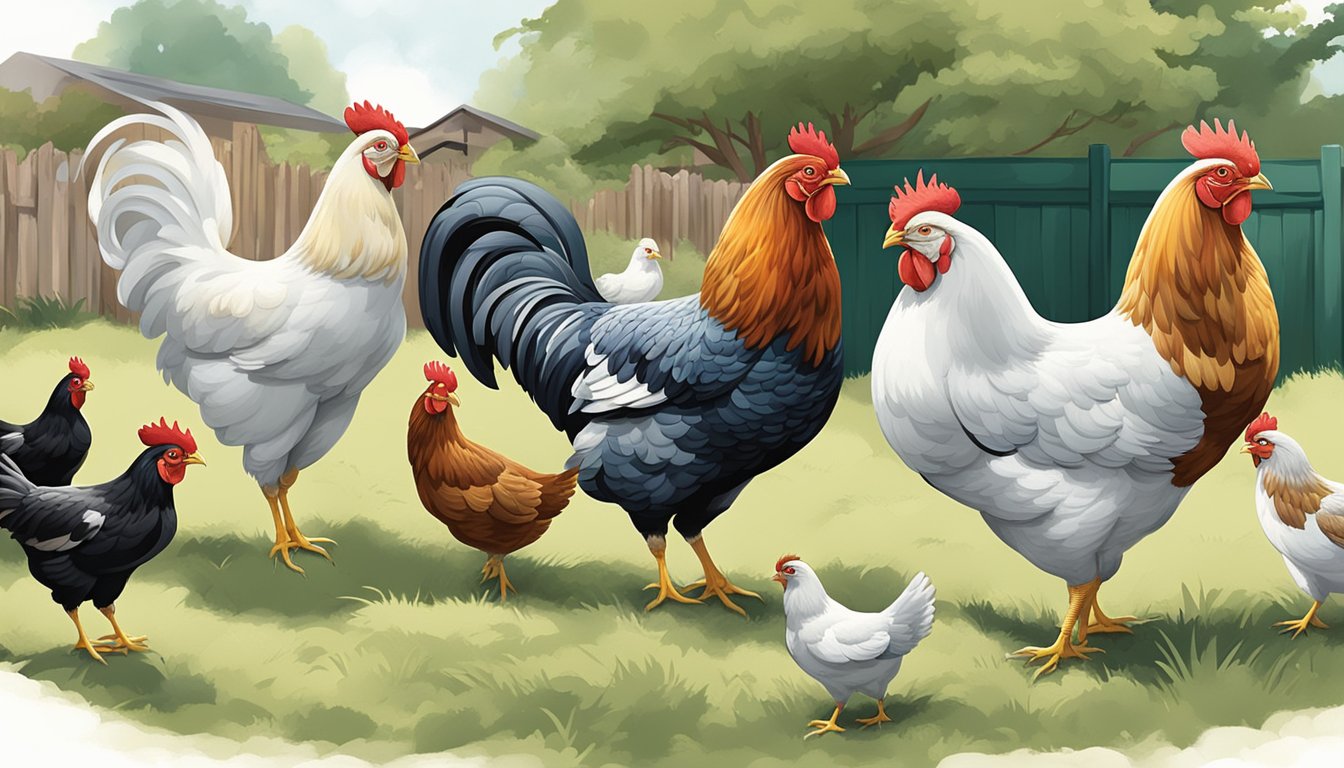 A flock of various chicken breeds roams a backyard, showcasing their unique features and personalities