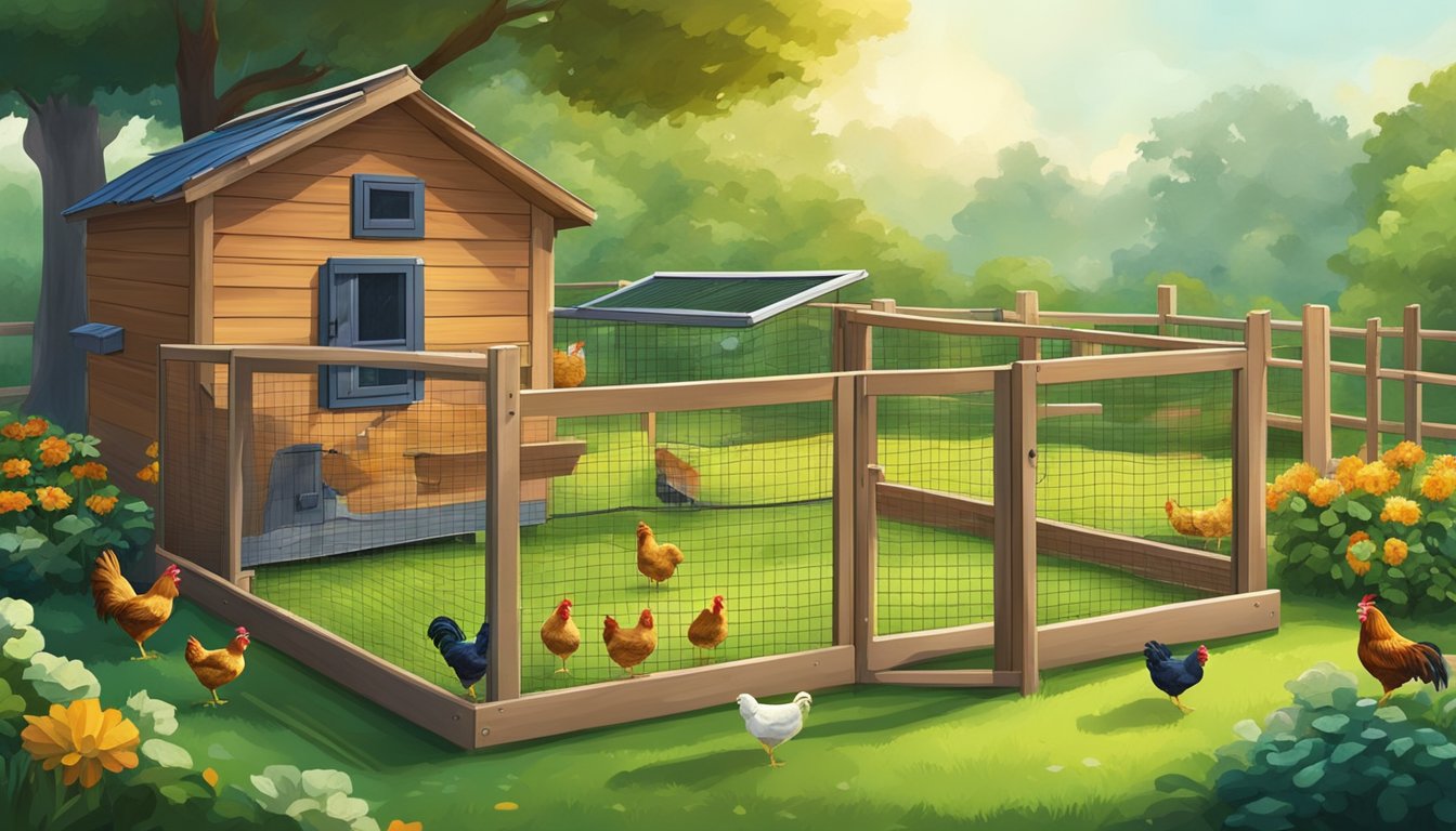 A colorful chicken coop surrounded by a lush green backyard, with a few chickens pecking at the ground and others perched on wooden roosts