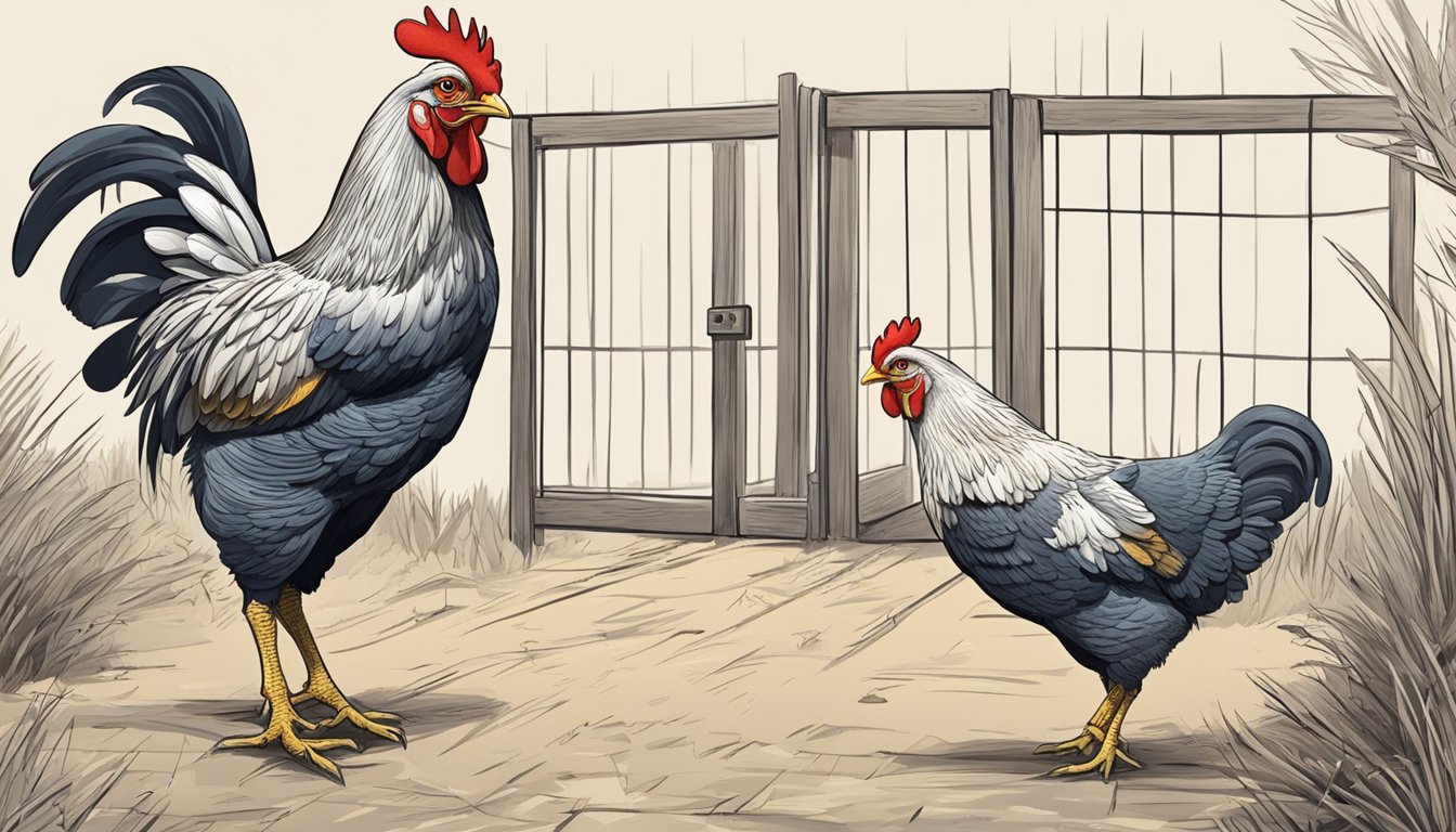 A chicken pecks at a target for a treat. Another chicken follows a hand signal to enter a coop