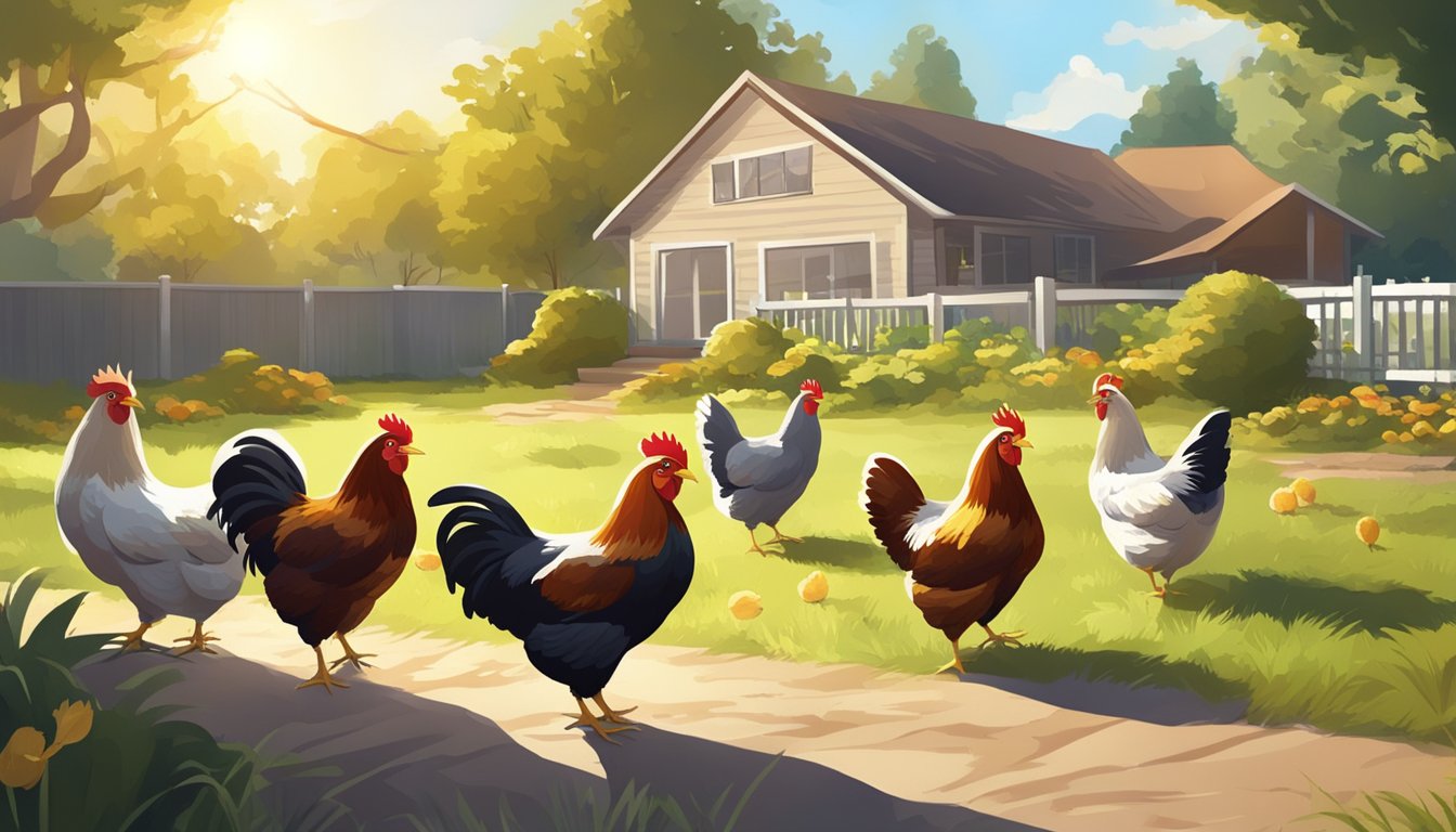 A colorful flock of chickens roams freely in a spacious backyard, pecking at the ground and basking in the sunlight