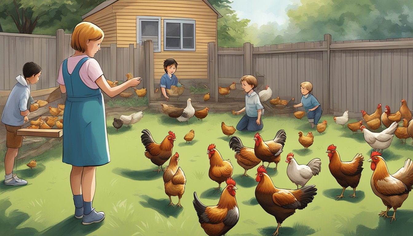 A person feeding chickens treats as they gather around in the backyard