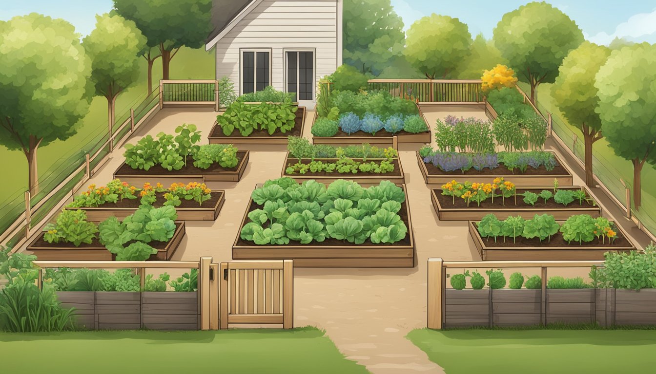 A sunny backyard with neatly arranged raised garden beds, each divided into square foot sections and filled with a variety of growing vegetables and herbs