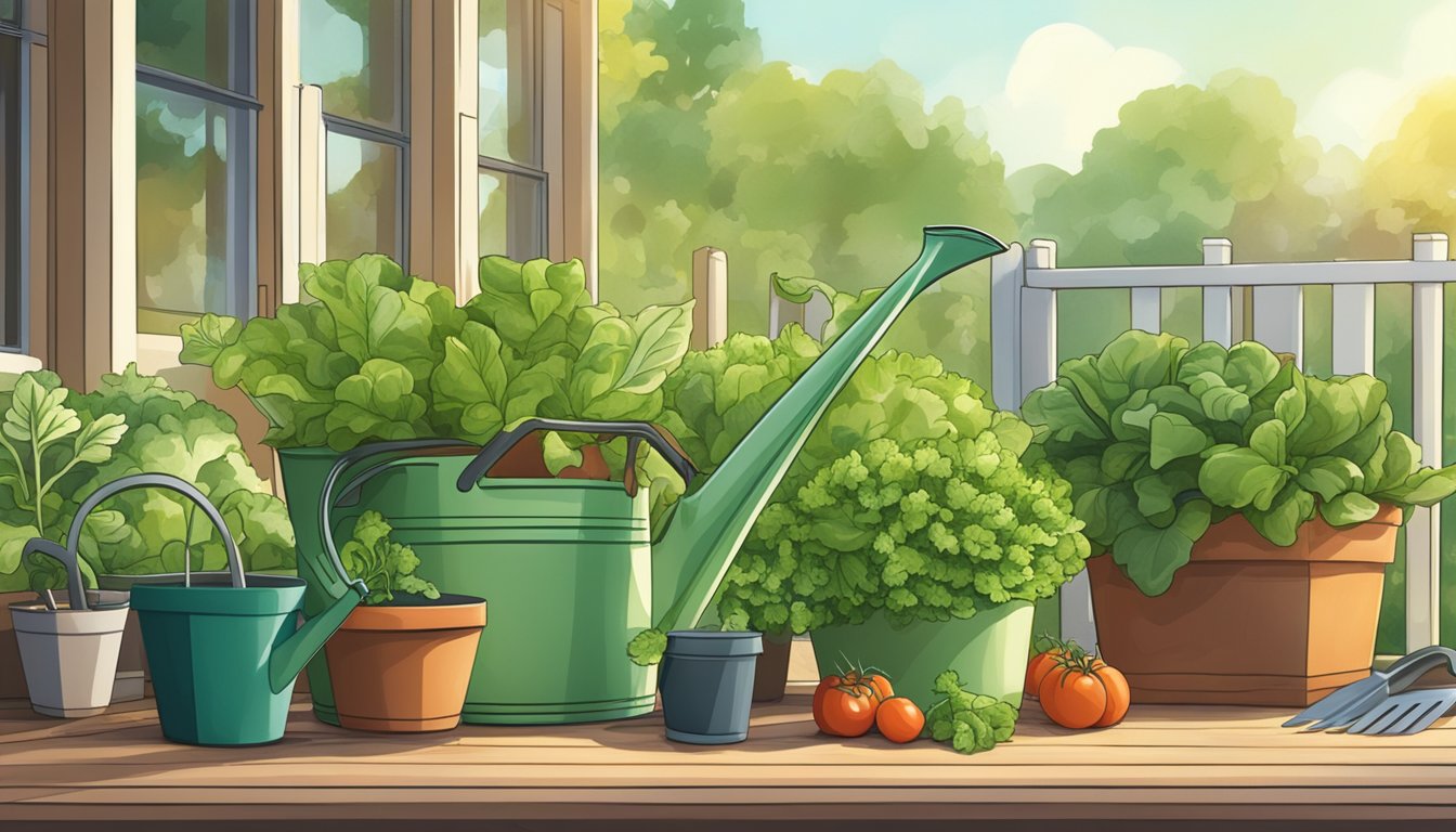 Lush green potted plants, tomatoes, lettuce, and herbs, arranged on a sunny patio. A watering can and gardening tools nearby