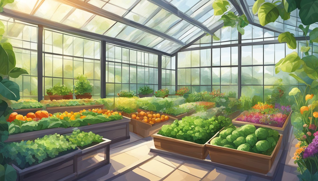 Lush garden with greenhouse kit, rows of vibrant home-grown produce, thriving plants and vegetables, sunlight streaming through glass panels