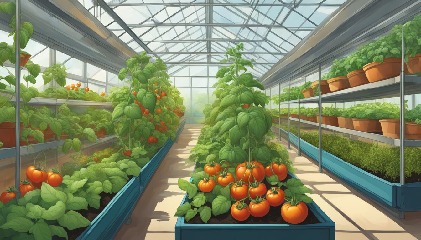 Lush, vibrant greenhouse filled with tomatoes, cucumbers, and herbs thriving in the warm, controlled environment