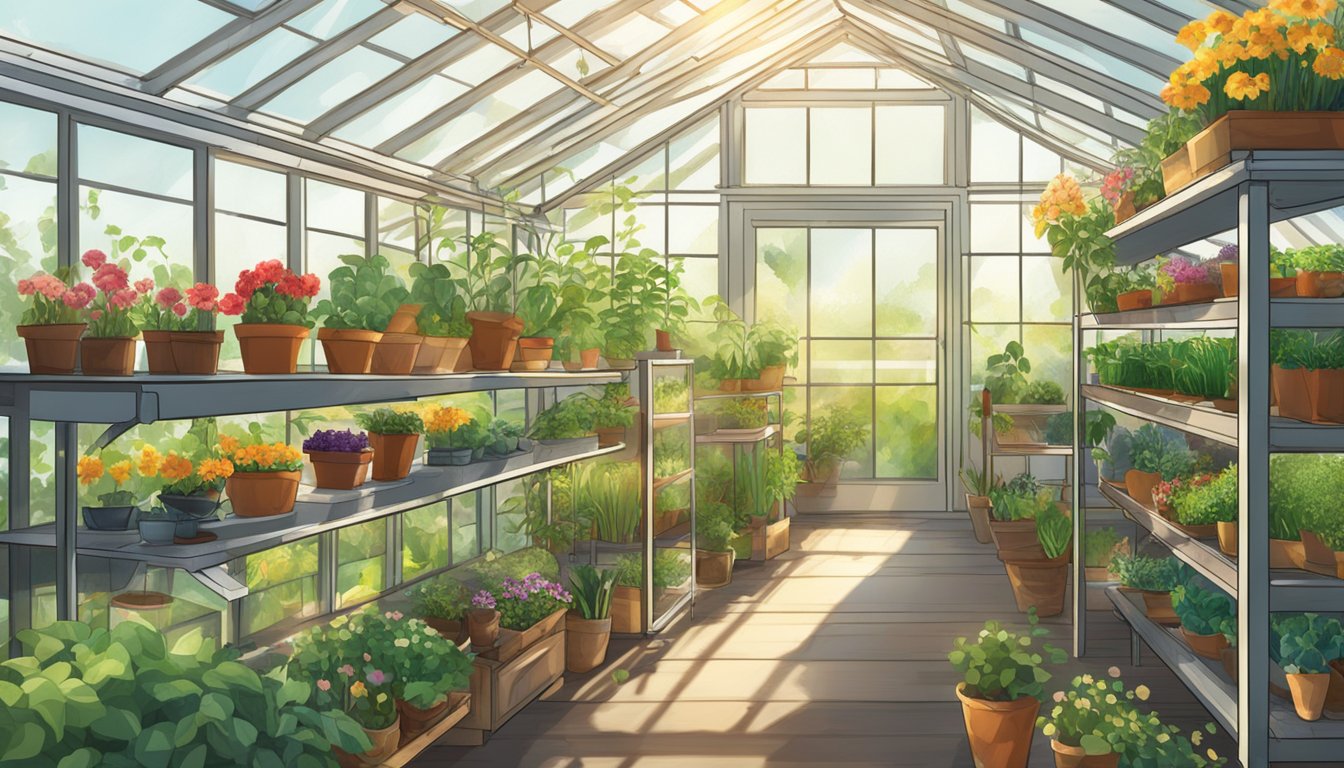 A greenhouse filled with rows of vibrant, healthy plants, with shelves of gardening tools and seed packets neatly organized. Sunlight streams in through the glass panels, illuminating the growing space