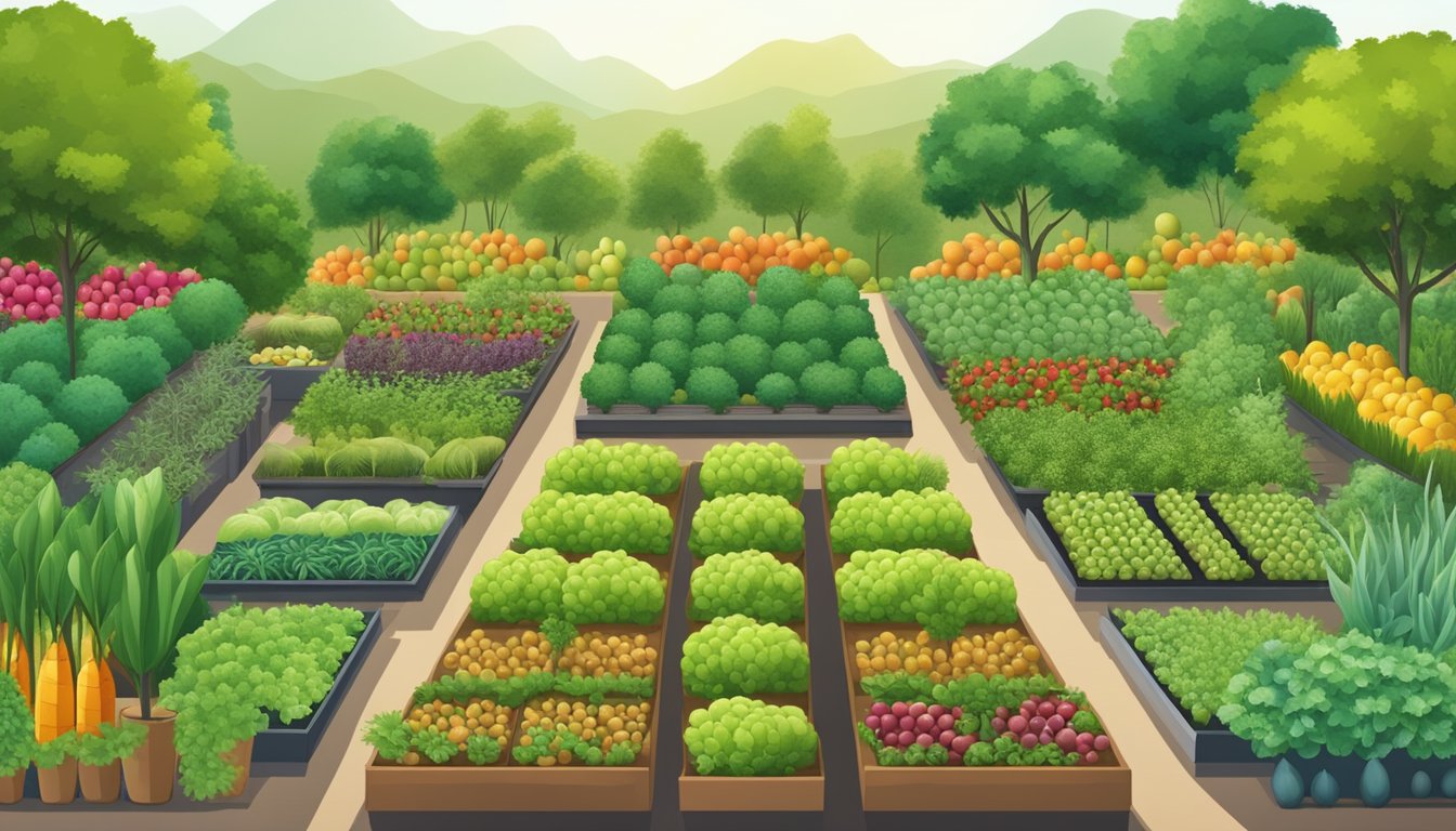 A lush garden with various fruits and vegetables growing in neatly organized rows, surrounded by a diverse landscape of different plant hardiness zones