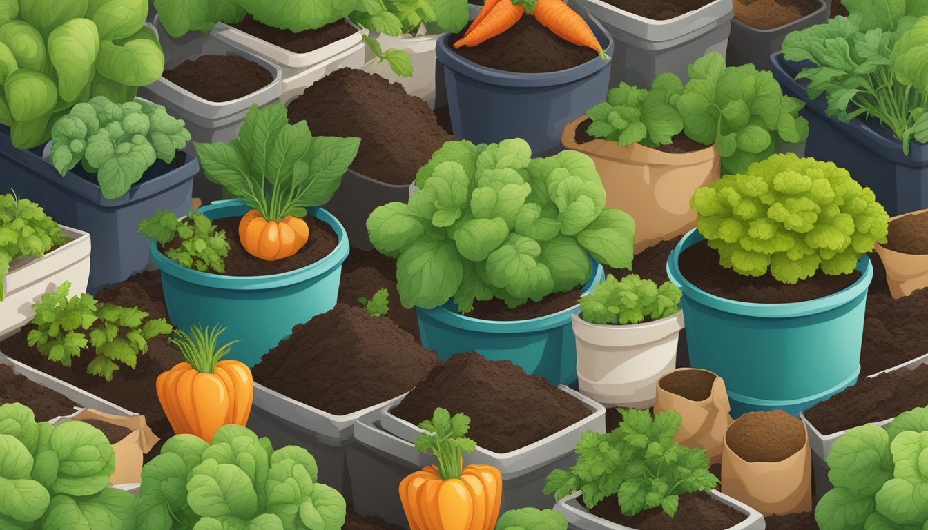 A variety of vegetables growing in containers, surrounded by bags of soil, fertilizer, and gardening tools