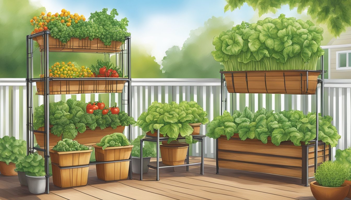 A variety of vegetables, such as tomatoes, peppers, and lettuce, are thriving in containers on a sunny patio. Sturdy trellises and stakes support the growing plants