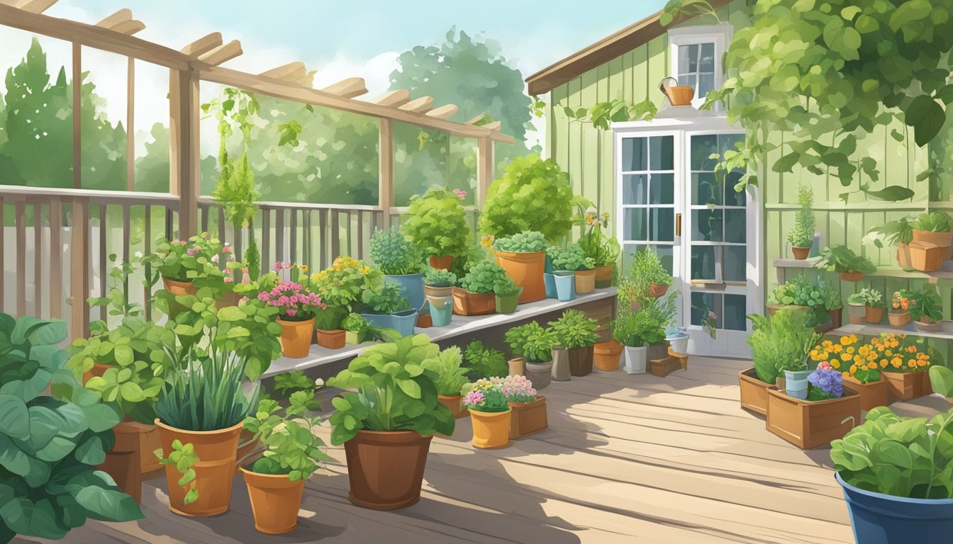 Lush green plants in various containers, from hanging baskets to wooden crates, thrive in a sunny outdoor space. Watering cans and gardening tools are scattered around