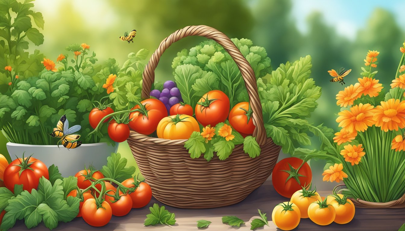 A bountiful garden with ripe tomatoes, vibrant carrots, and leafy greens. A basket overflows with freshly picked produce. Bees buzz among the blooming flowers