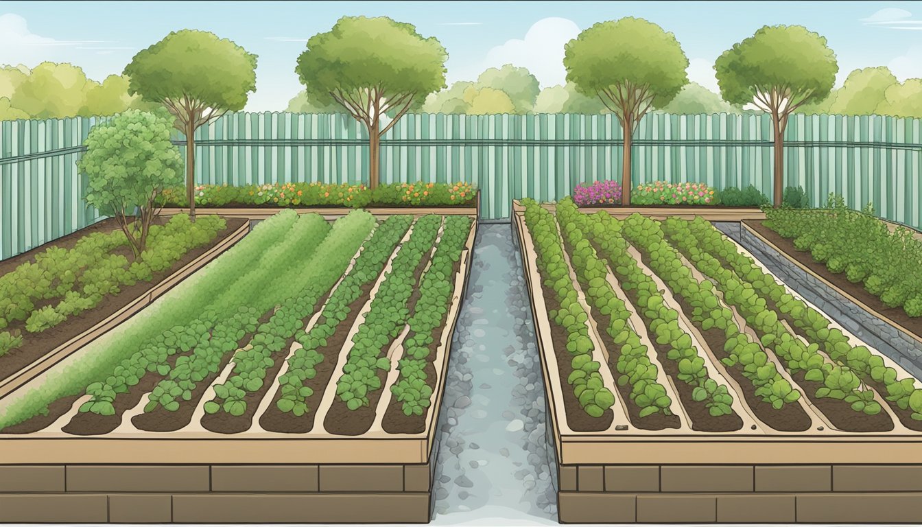 A garden with two separate plots, one using drip irrigation and the other using a soaker hose. Each plot has rows of growing plants