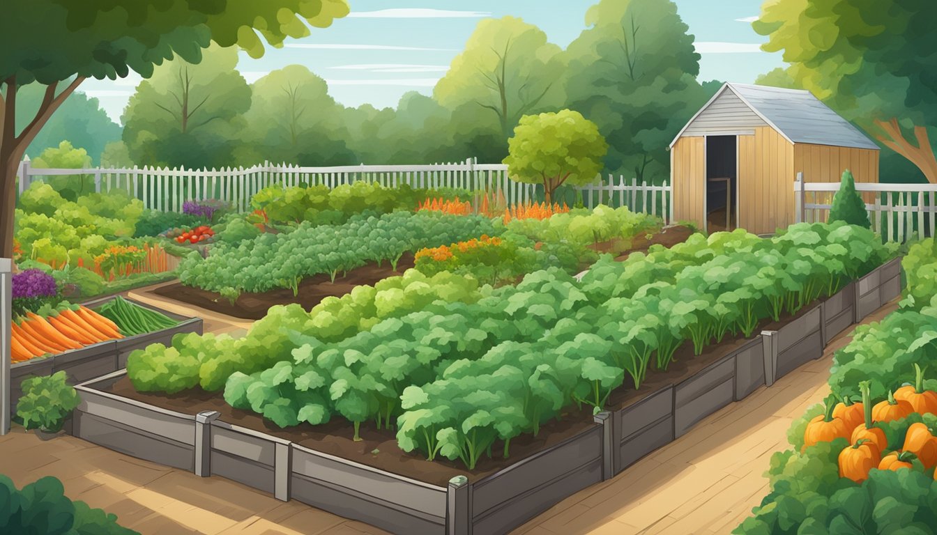 A lush garden with rows of various vegetables, organized by state, surrounded by a fence and a small shed for tools