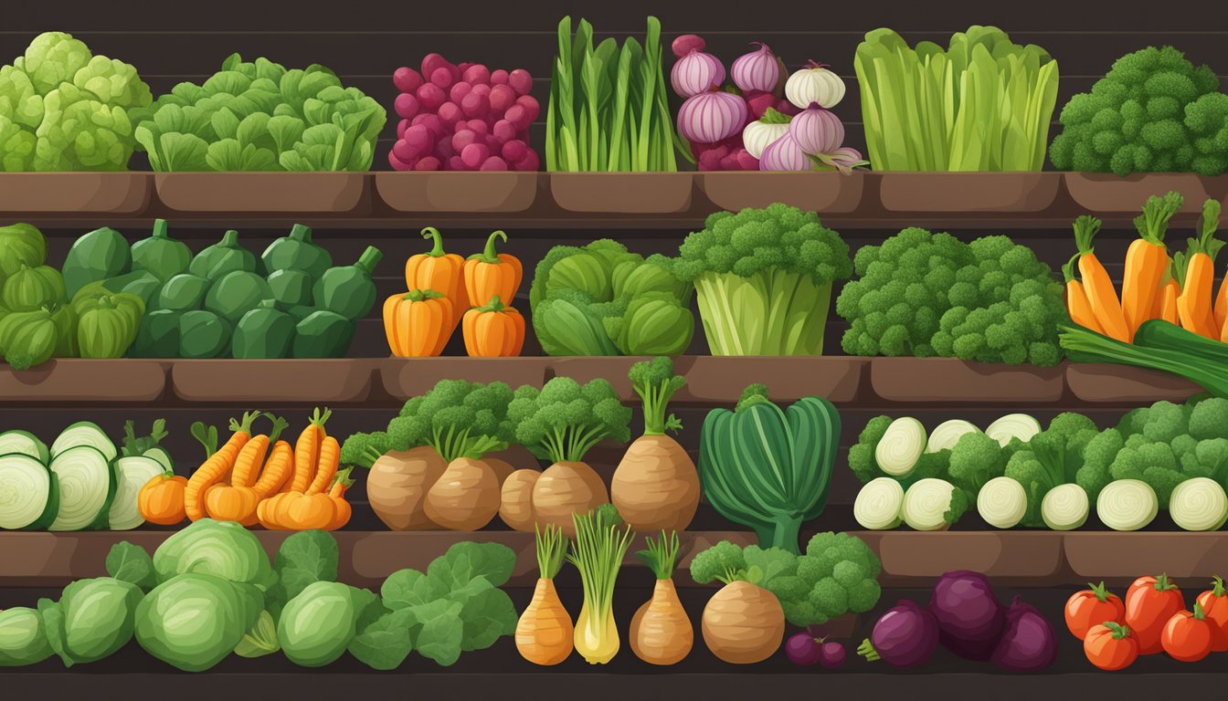 A colorful array of vegetables arranged in neat rows, with varying heights and textures, surrounded by rich, dark soil