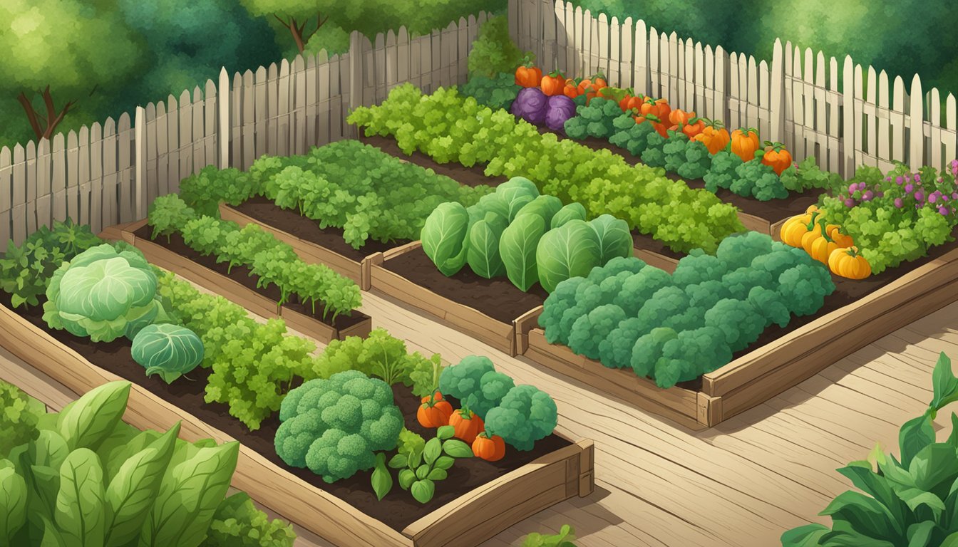 A lush garden with rows of various vegetables, surrounded by a fence and a sign indicating "Protecting Your Garden: grow your own food."