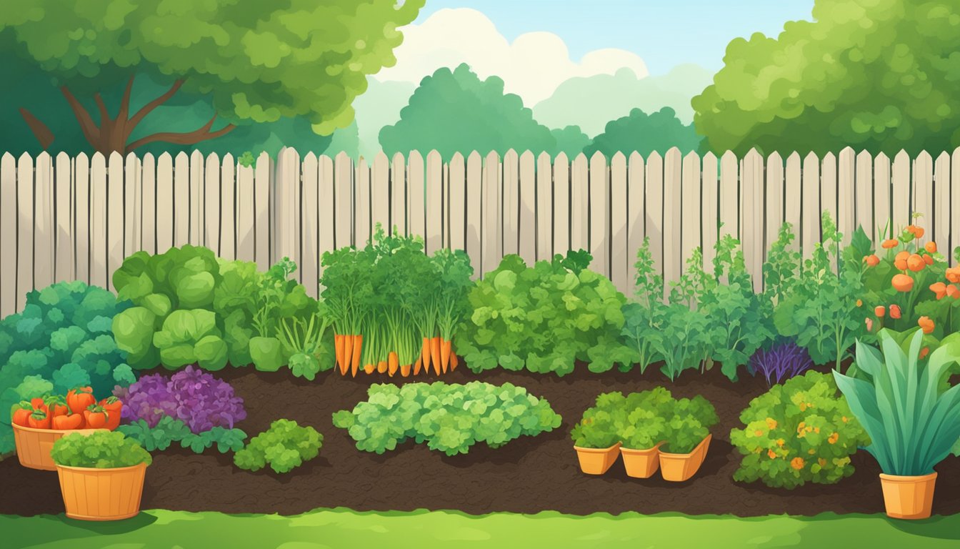 A lush garden with rows of vibrant vegetables and herbs, surrounded by a small fence. A compost pile and watering cans are nearby