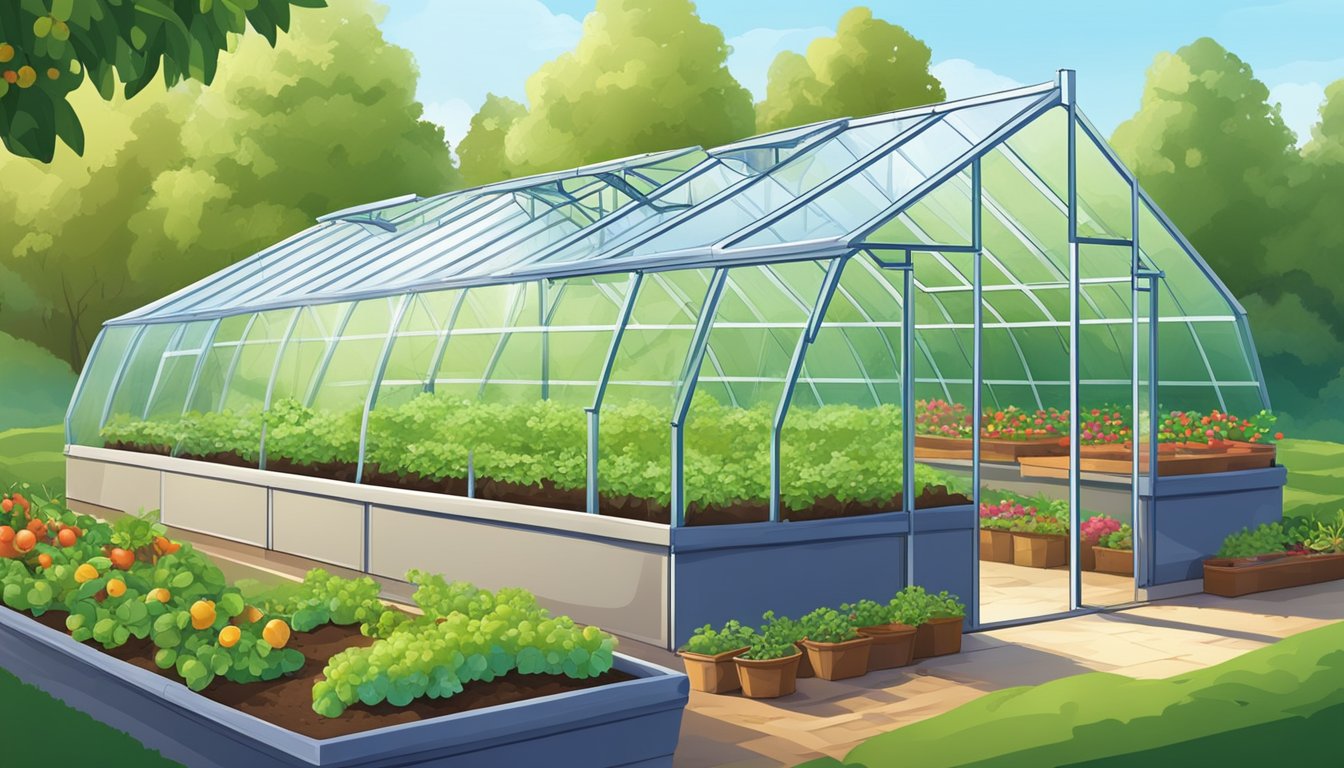 A greenhouse with raised beds, drip irrigation, and compost bins. Cold frames and row covers protect crops from frost. Fruit trees and berry bushes surround the garden