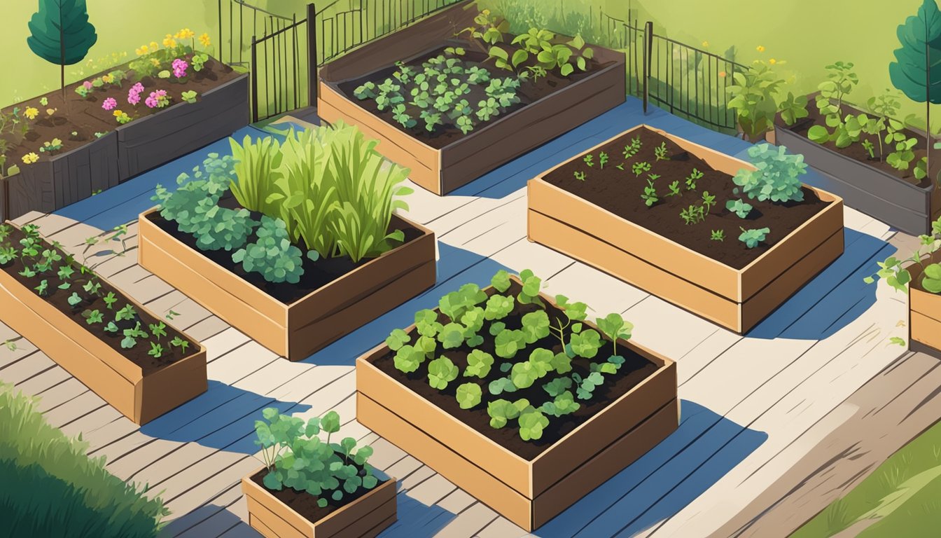 A sunny backyard with raised garden beds filled with rich soil, young seedlings sprouting, and gardening tools neatly organized nearby