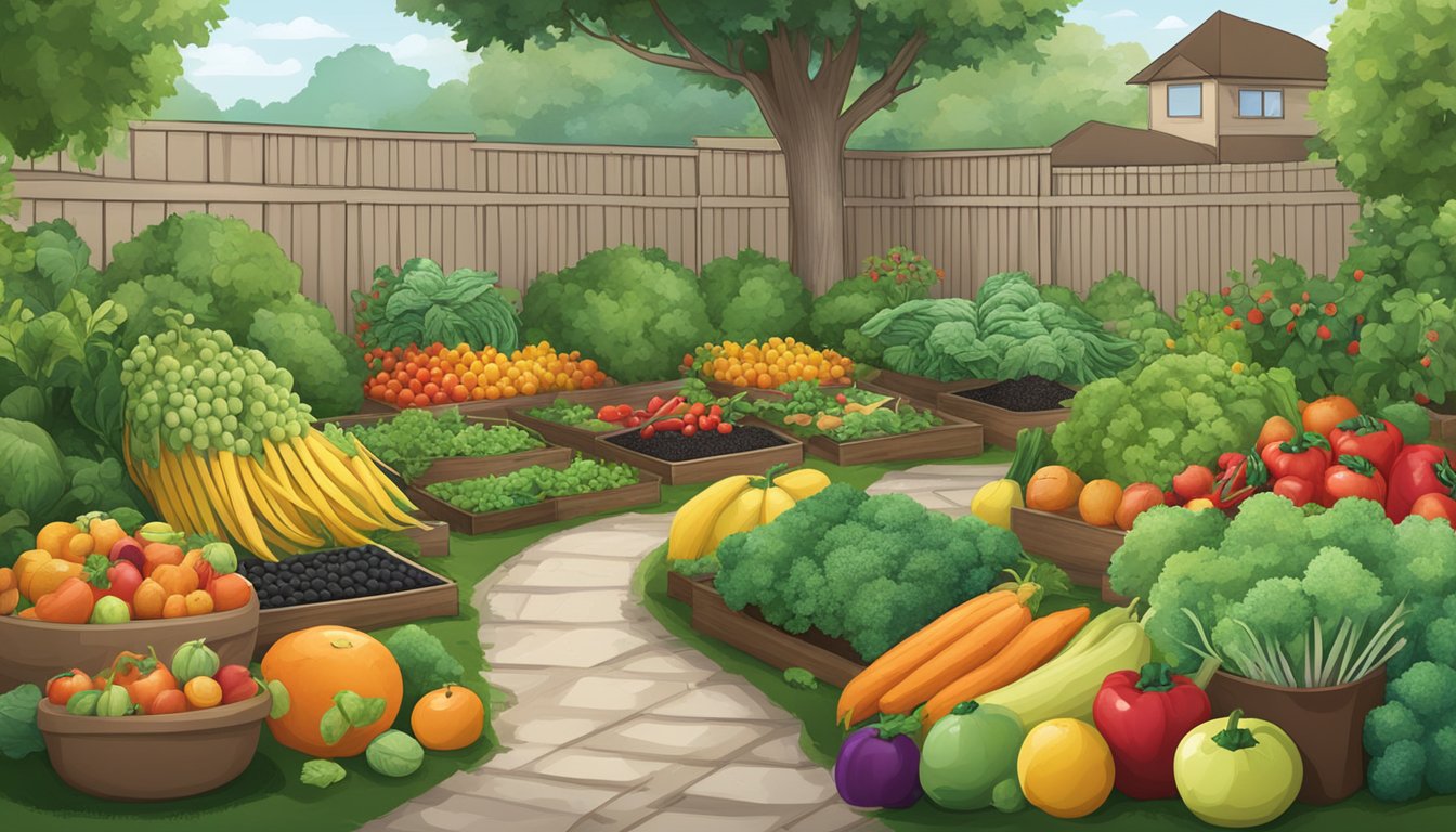 A lush garden with various fruits and vegetables surrounded by bags of all purpose organic fertilizer