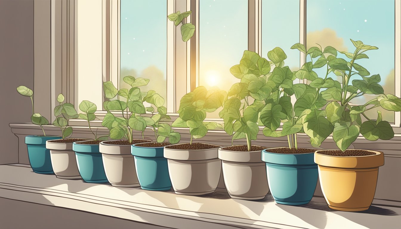 A hand reaching down to plant seeds in small pots on a sunny windowsill