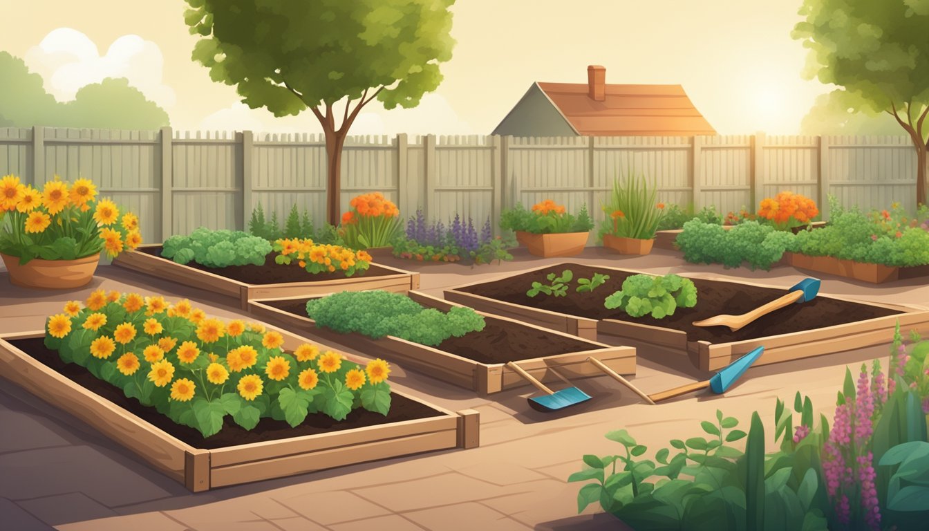 A sunny garden with raised beds, filled with rich soil and ready for planting various vegetables. A shovel and gardening tools lay nearby