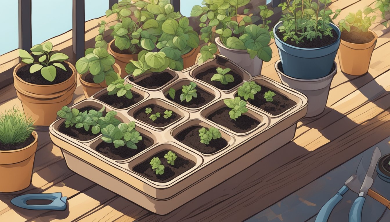 A hand holding a small seedling tray, surrounded by pots, soil, and gardening tools on a sunny patio