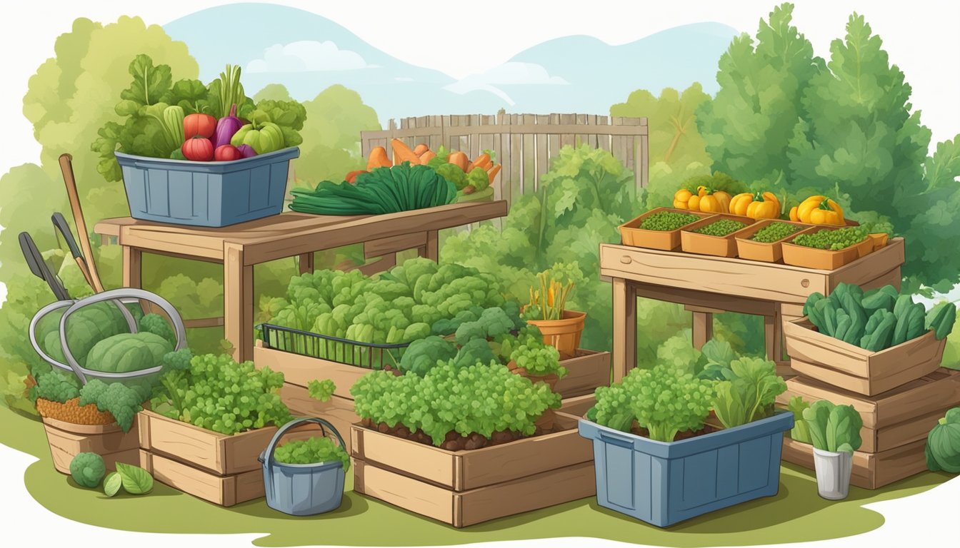 A garden scene with various vegetables being harvested and stored in baskets and crates, with seed packets and gardening tools nearby