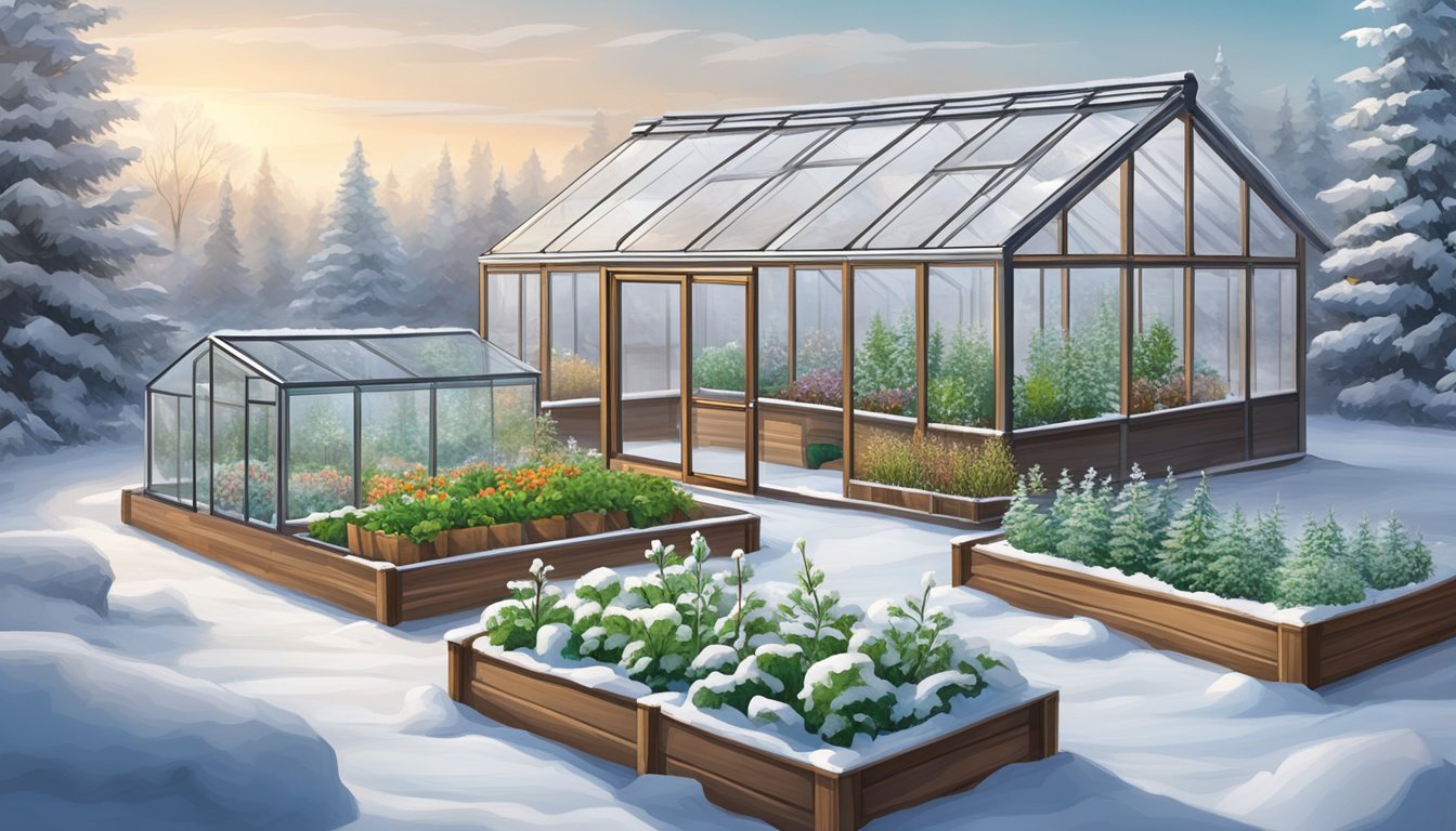 A snow-covered garden with raised beds, a greenhouse, and frost-resistant plants thriving in the winter chill