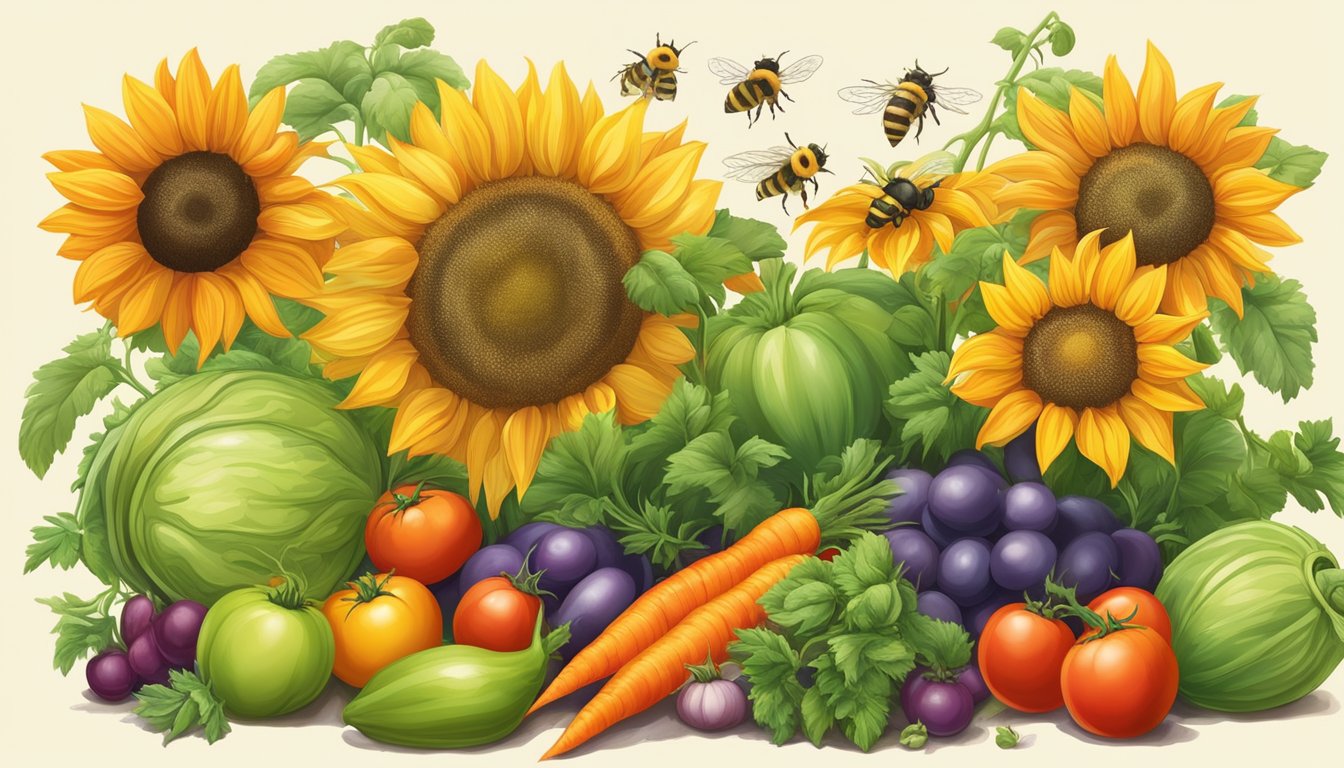 A lush garden bursting with ripe vegetables, from plump tomatoes to vibrant carrots, surrounded by tall sunflowers and buzzing bees