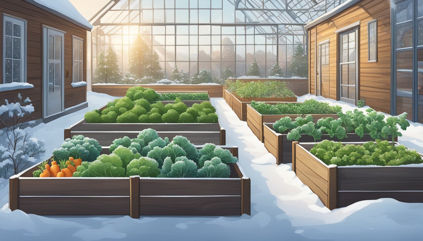 A snowy urban garden with raised beds and greenhouses, showcasing winter crops like kale, carrots, and herbs thriving in the frost