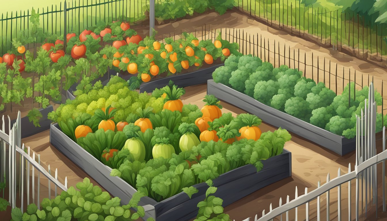 A flourishing garden with rows of sturdy vegetables and fruits, surrounded by a fence to protect against pests