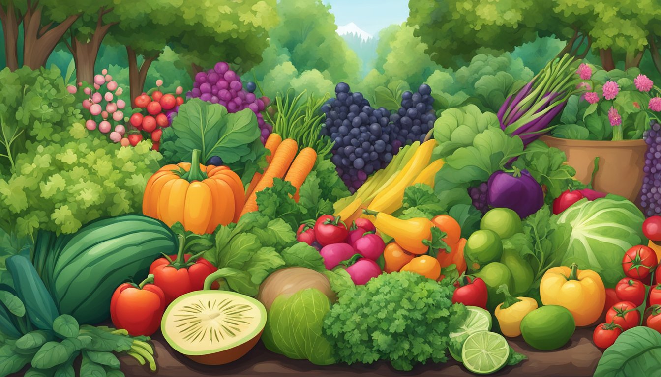 A lush garden bursting with vibrant vegetables and fruits, surrounded by healthy, thriving plants