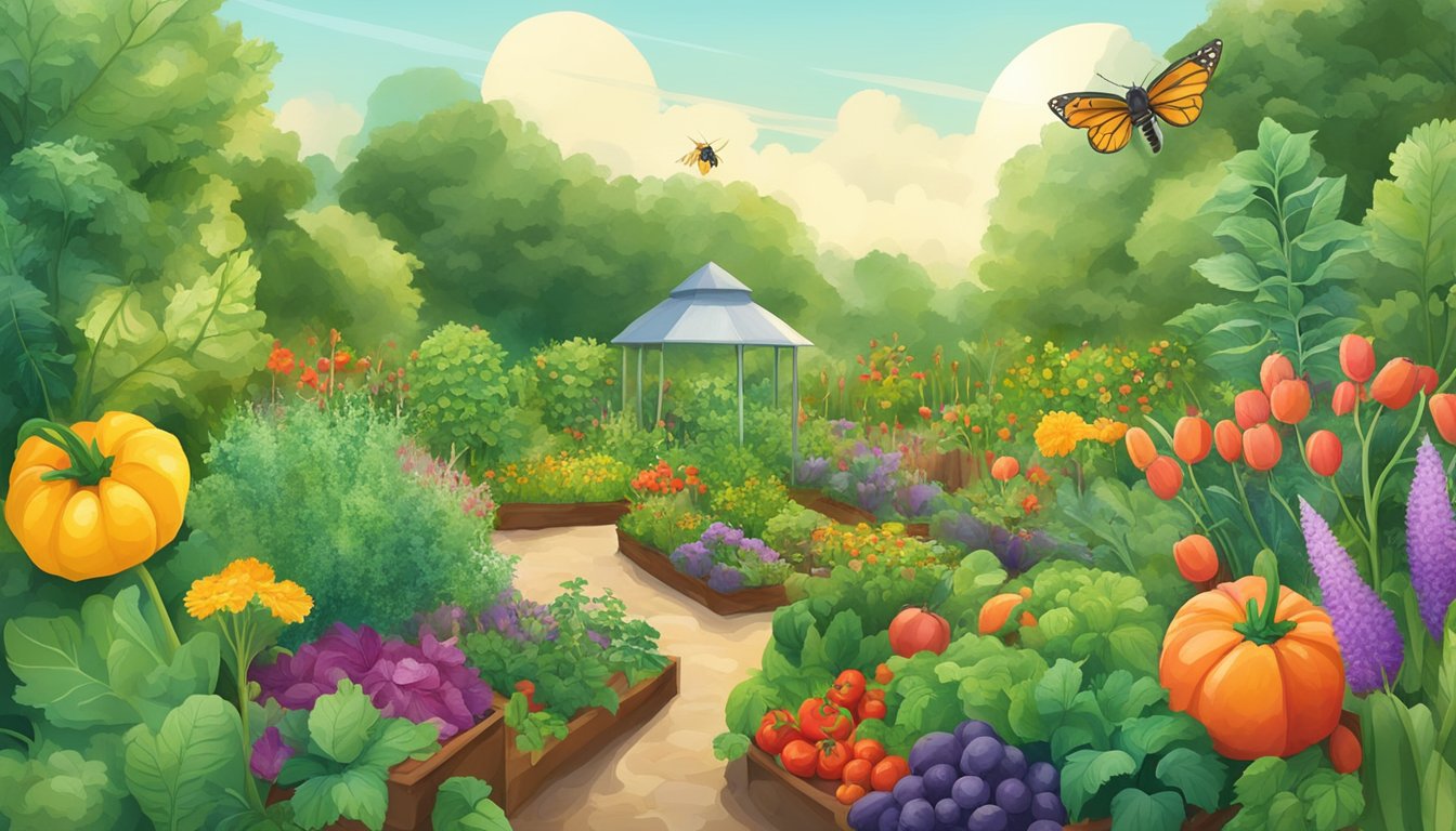 A lush garden filled with colorful heirloom vegetables, surrounded by thriving plants and buzzing pollinators, with a backdrop of clean air and healthy soil