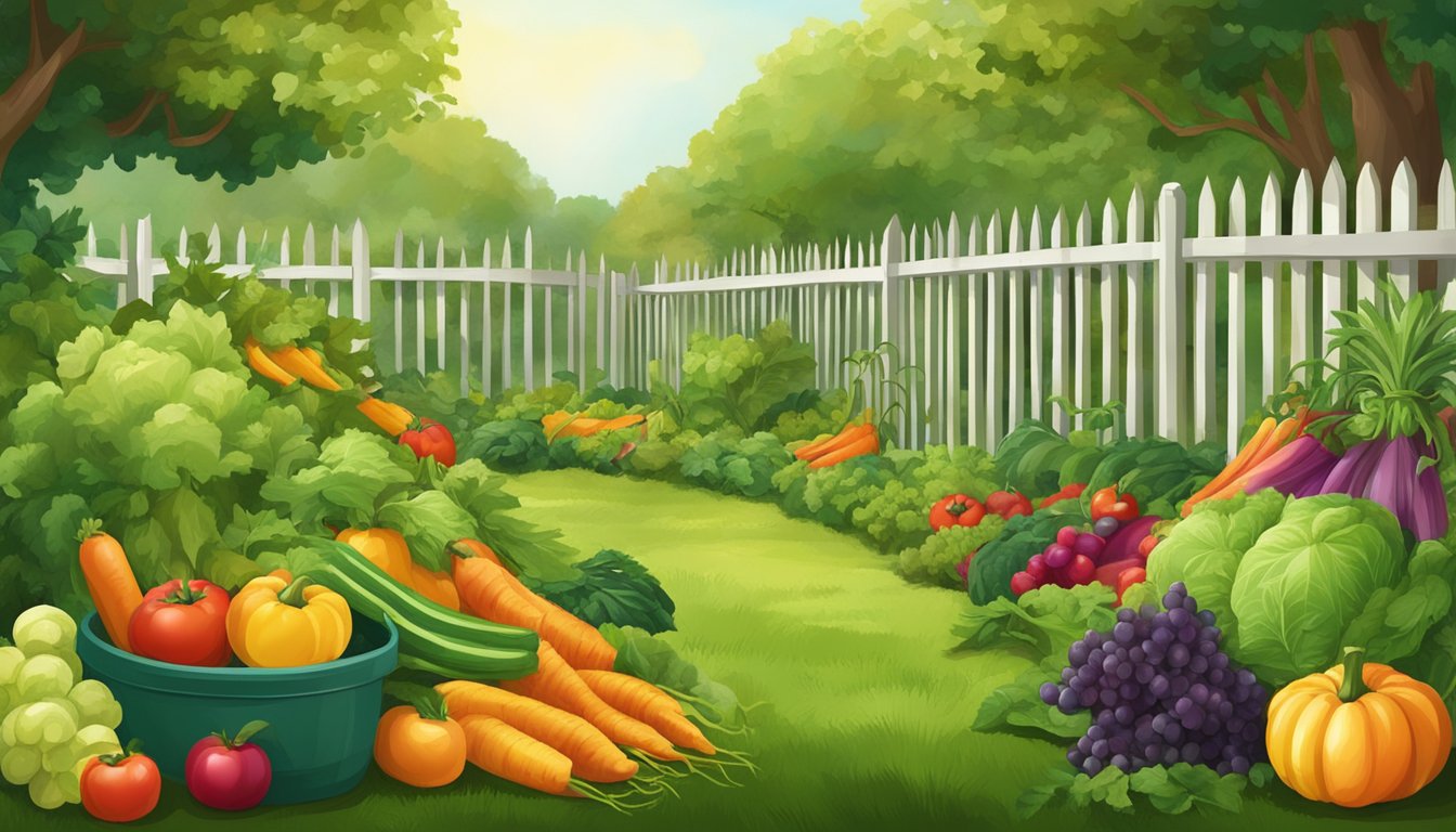 A lush garden bursting with ripe vegetables and fruits, surrounded by tall, sturdy fences to protect the bountiful harvest from hungry wildlife