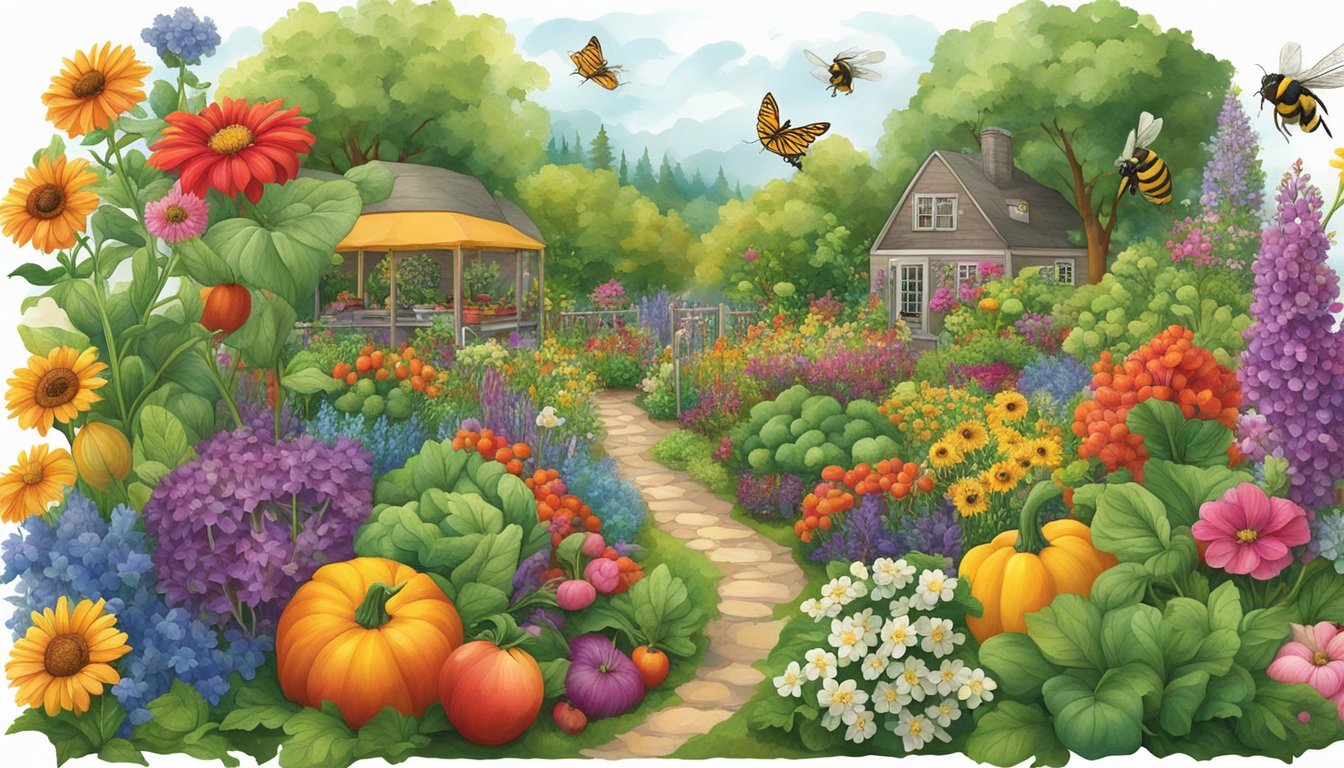 A lush garden bursting with colorful heirloom vegetables, surrounded by vibrant flowers and buzzing pollinators