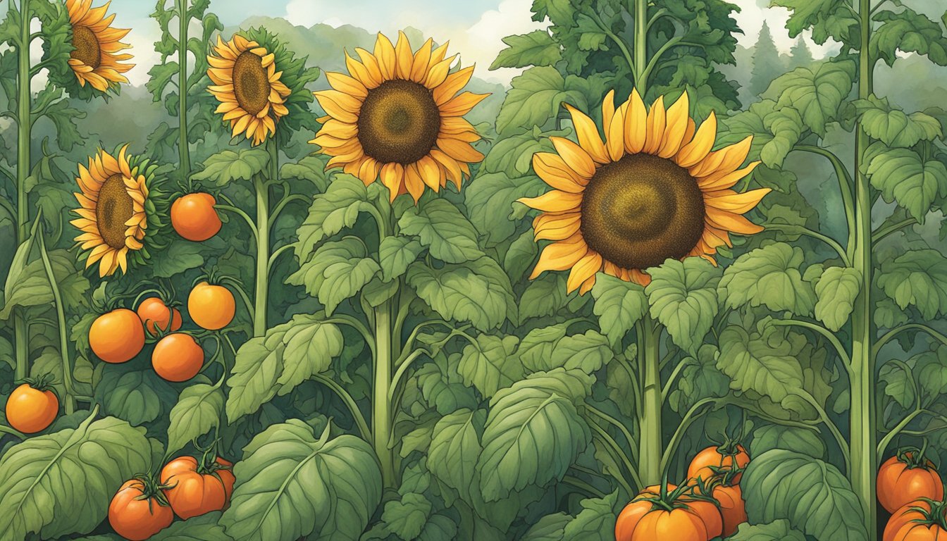 A lush garden bursting with ripe tomatoes, vibrant carrots, and hearty kale, surrounded by tall sunflowers and sturdy beanstalks