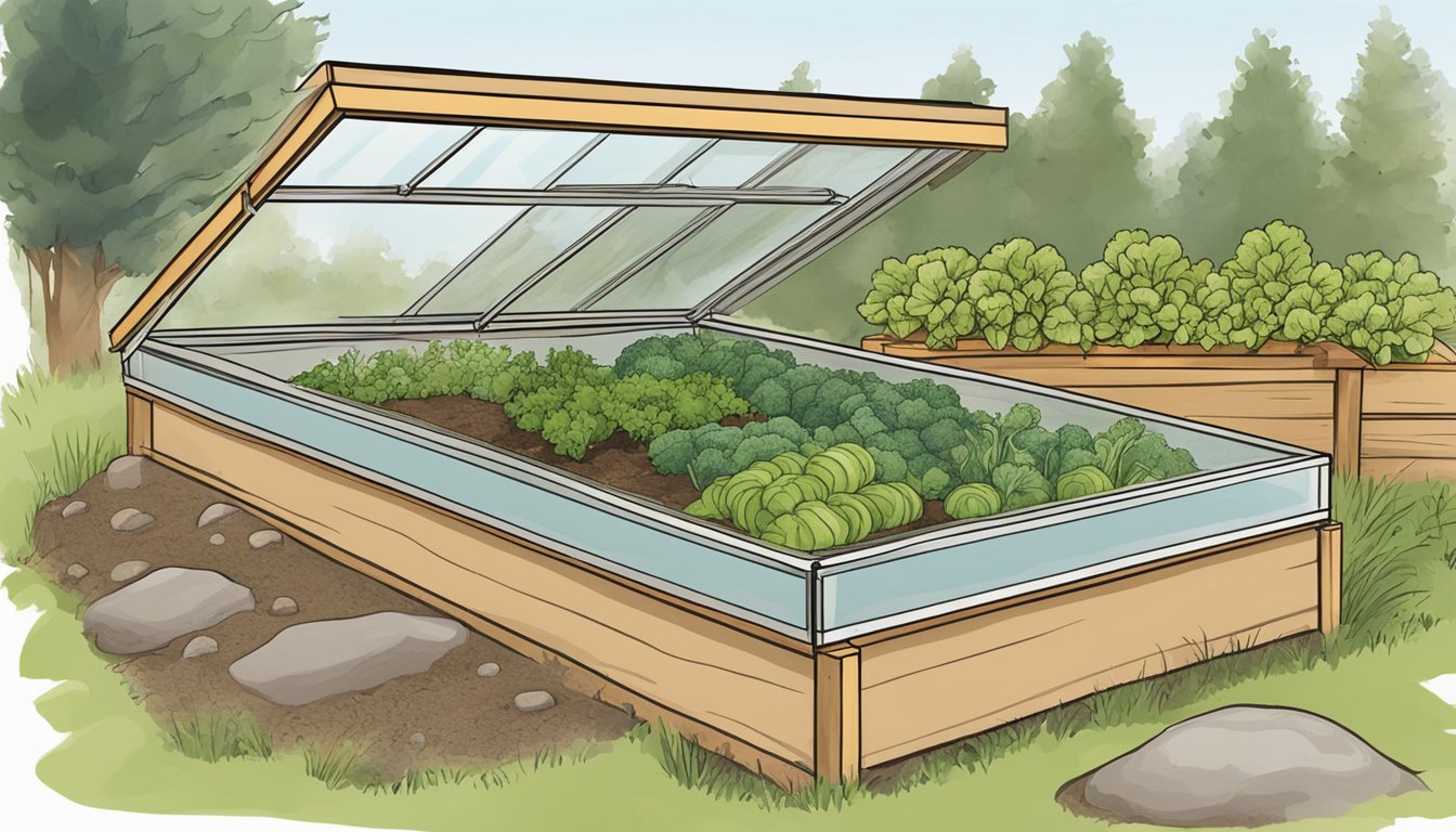 A cold frame sits in a backyard garden, filled with thriving winter vegetables. The low, slanted glass top allows sunlight to warm the soil, creating a small, self-sustaining ecosystem