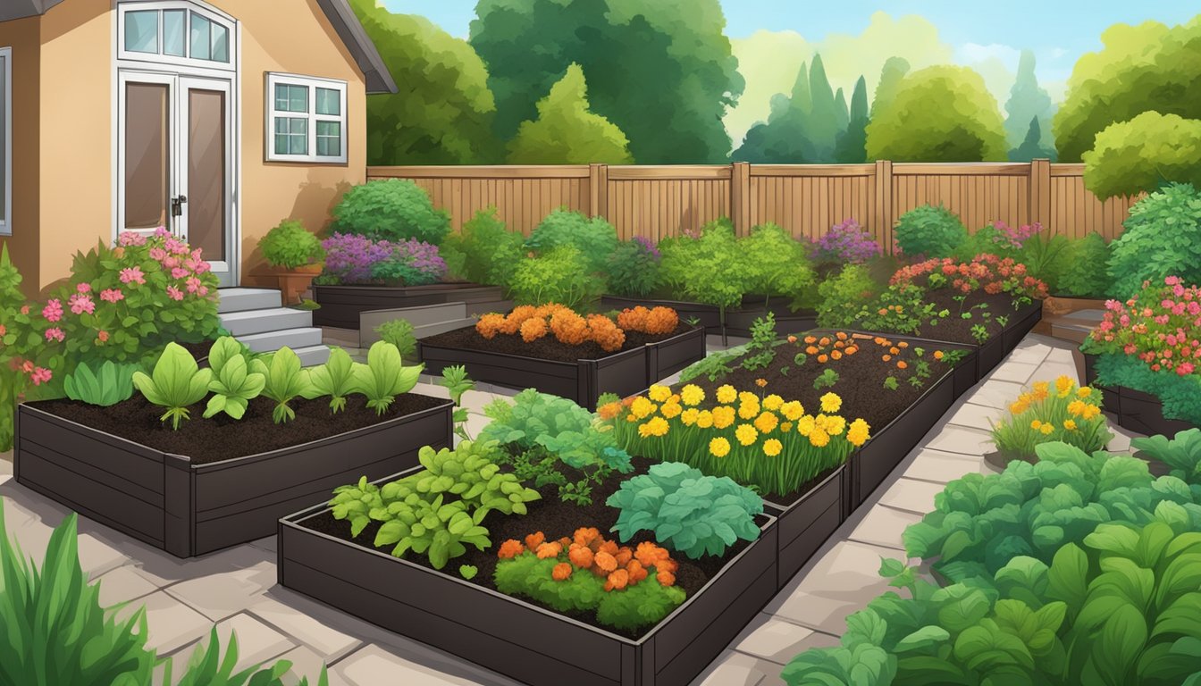 A lush garden with rich, dark soil, surrounded by compost bins and natural fertilizers like manure and mulch, with healthy, vibrant plants growing