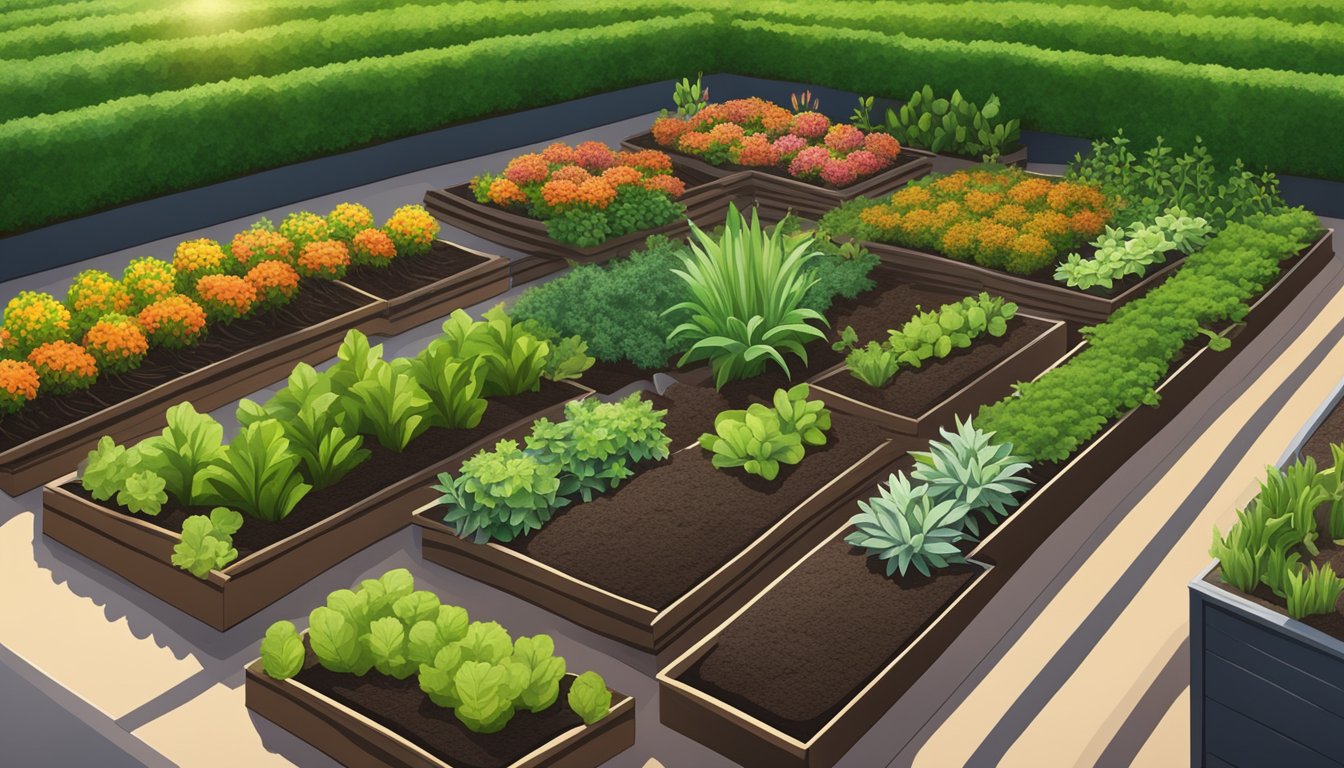 A vibrant garden bed with rich, dark soil and healthy green plants growing in neat rows under the warm sun