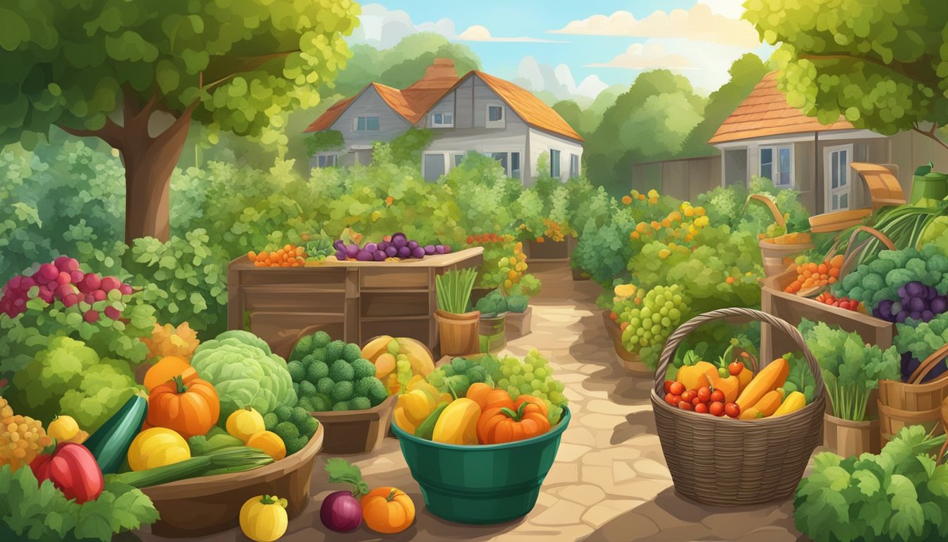 A lush garden filled with ripe fruits and vegetables, surrounded by tools for harvesting and baskets for collecting. A peaceful and bountiful scene of post-harvest care