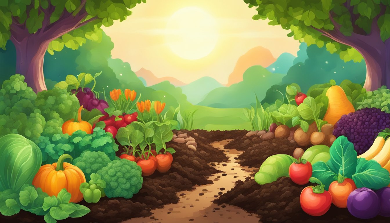 A vibrant garden with rich, dark soil, teeming with earthworms and healthy plant roots. Sunlight filters through the leaves of thriving vegetables and fruits